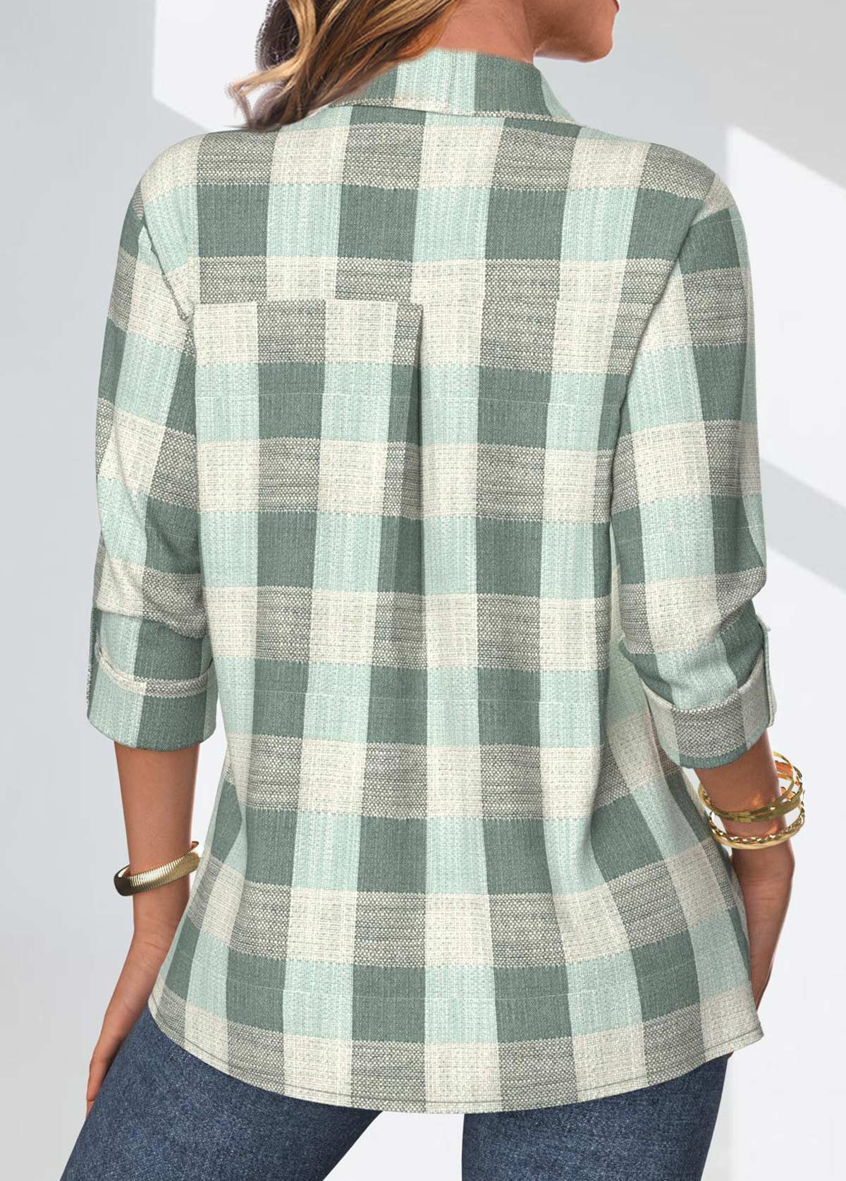 Sage Green Button Plaid Three Quarter Length Sleeve Blouse | picture 