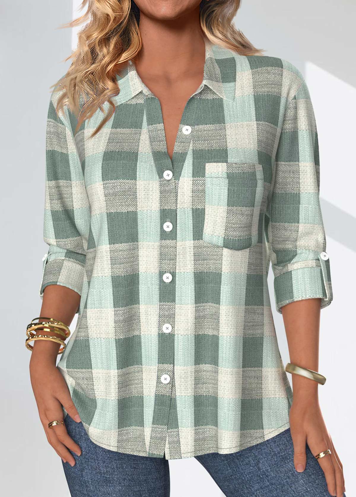 Sage Green Button Plaid Three Quarter Length Sleeve Blouse | picture 