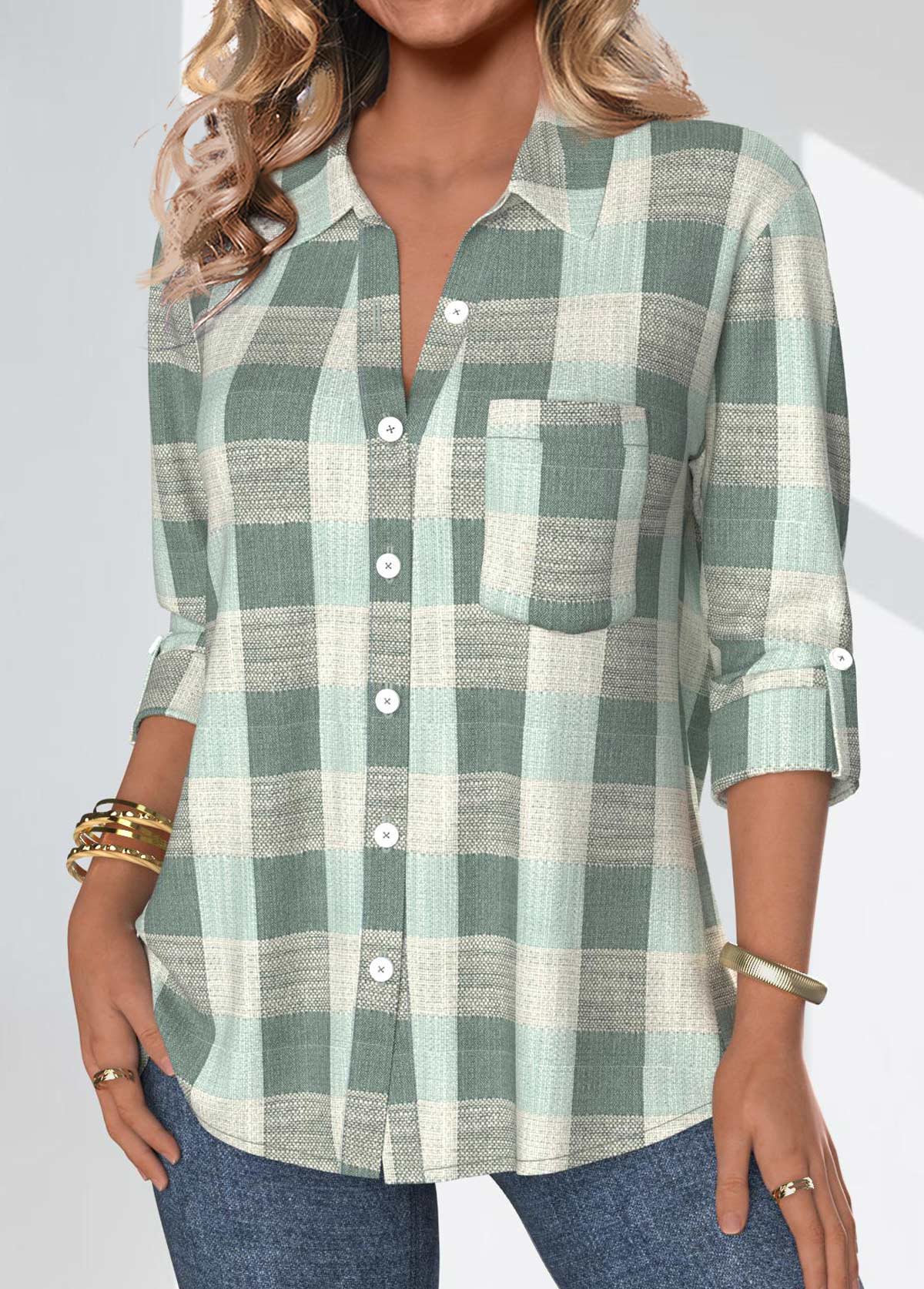 Sage Green Button Plaid Three Quarter Length Sleeve Blouse | picture 