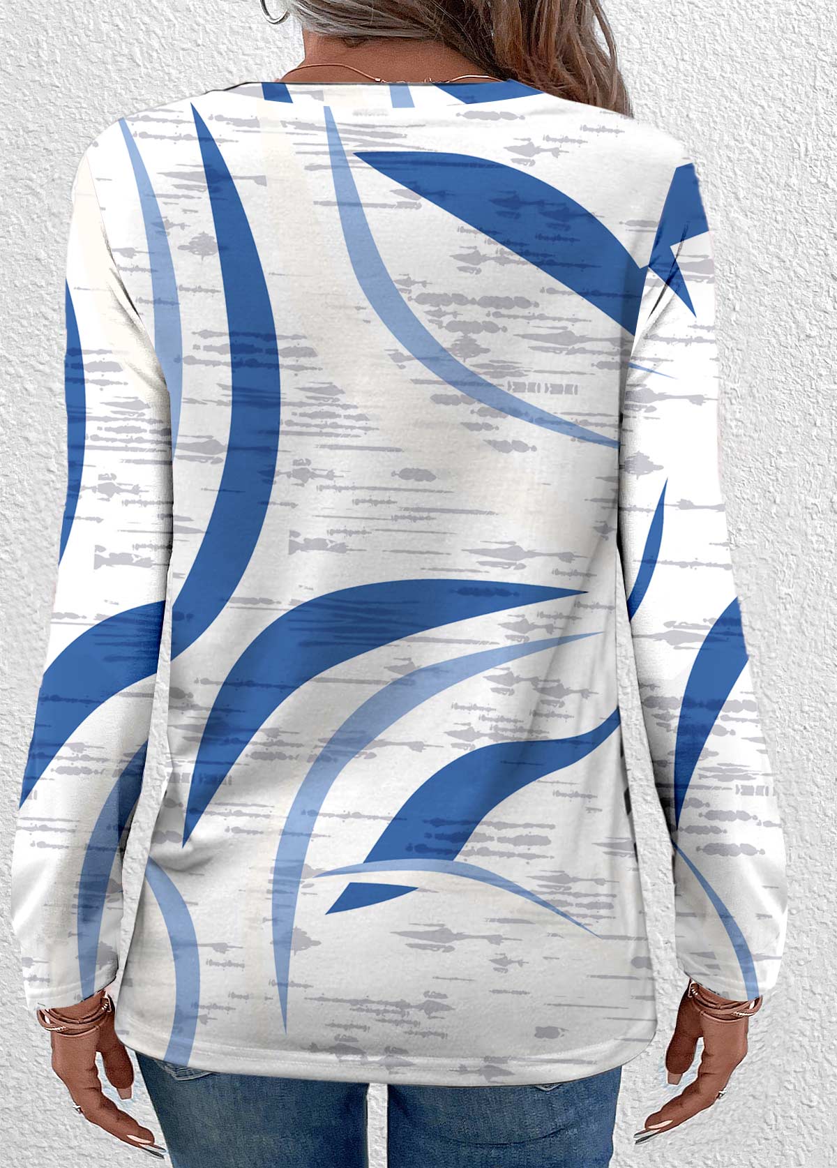 Blue Lightweight Geometric Print Long Sleeve T Shirt