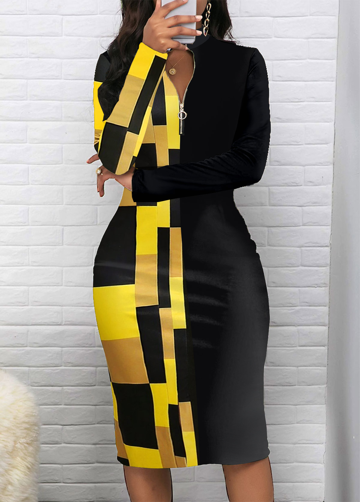 Black Patchwork Geometric Print Long Sleeve Bodycon Dress