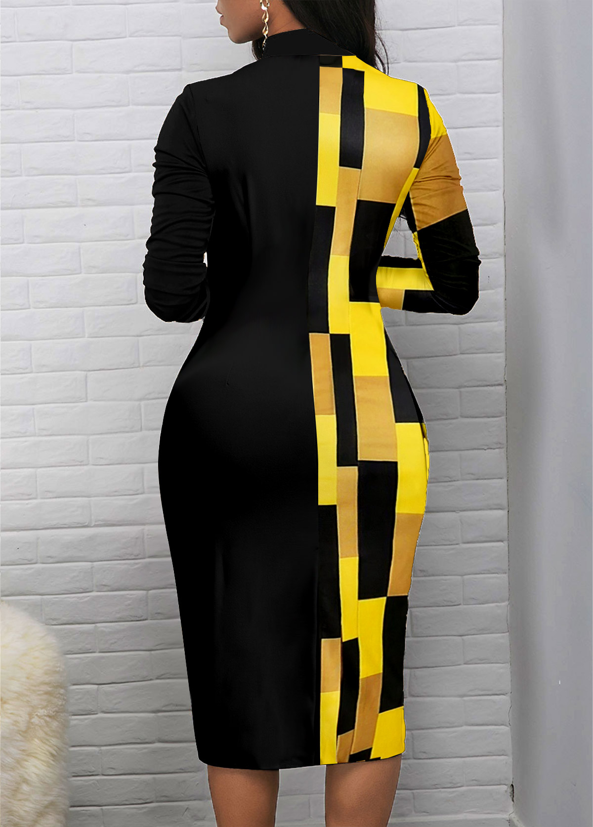 Black Patchwork Geometric Print Long Sleeve Bodycon Dress