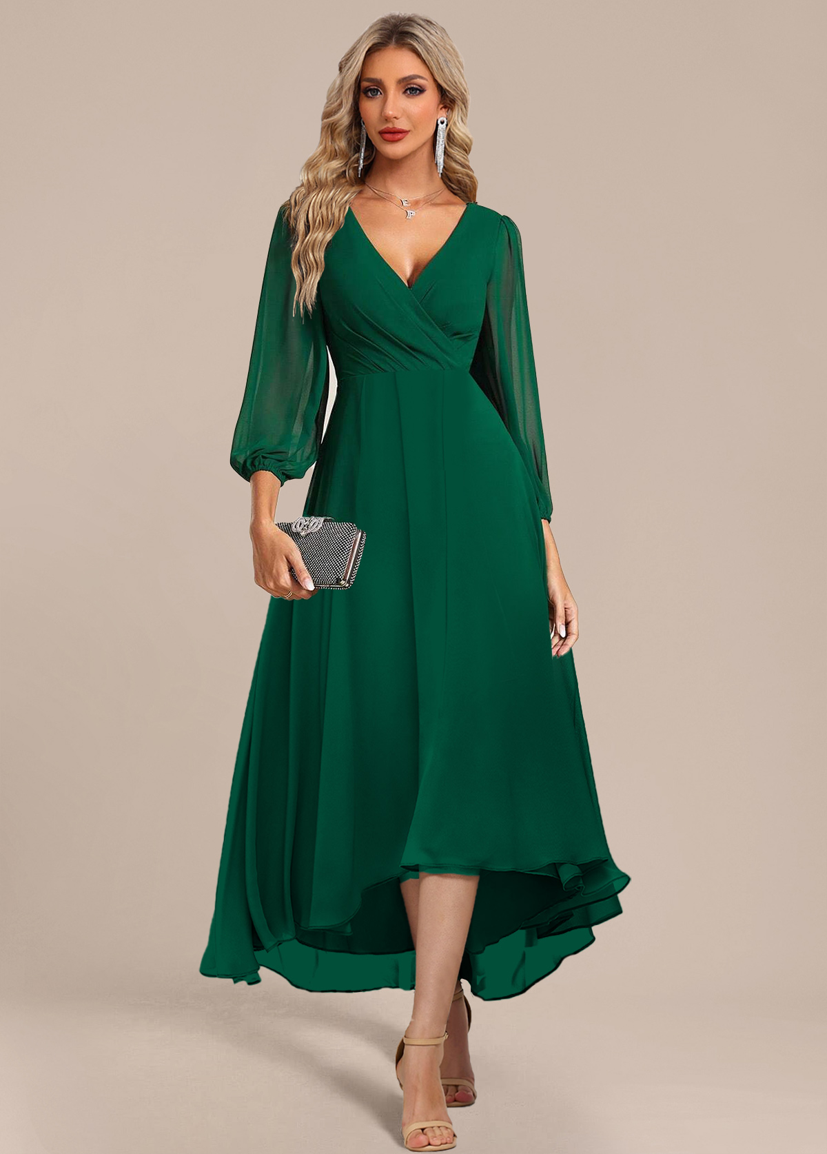 Green V Neck Surplice High Low 3/4 Sleeve Chiffon Dress  Elegant Party  Flowy Dress