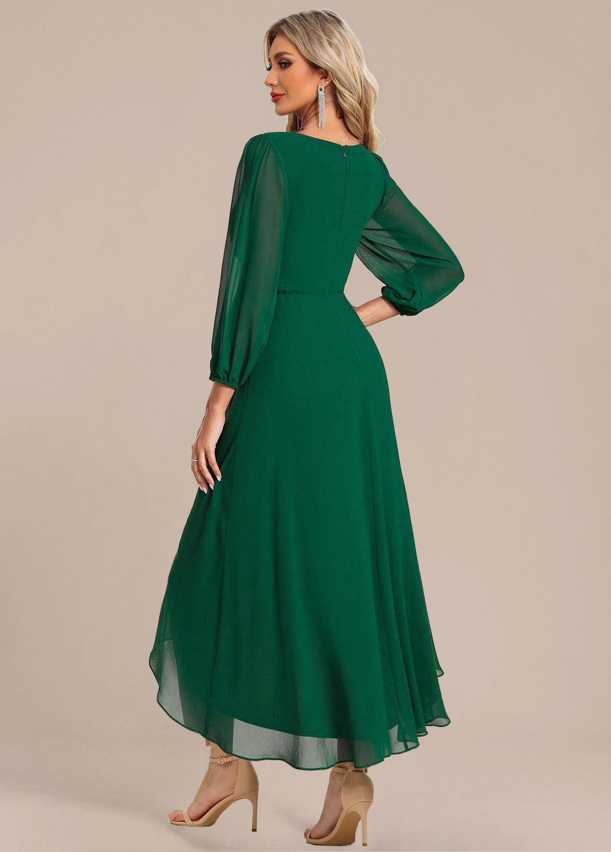 Green Surplice High Low Three Quarter Length Sleeve Dress