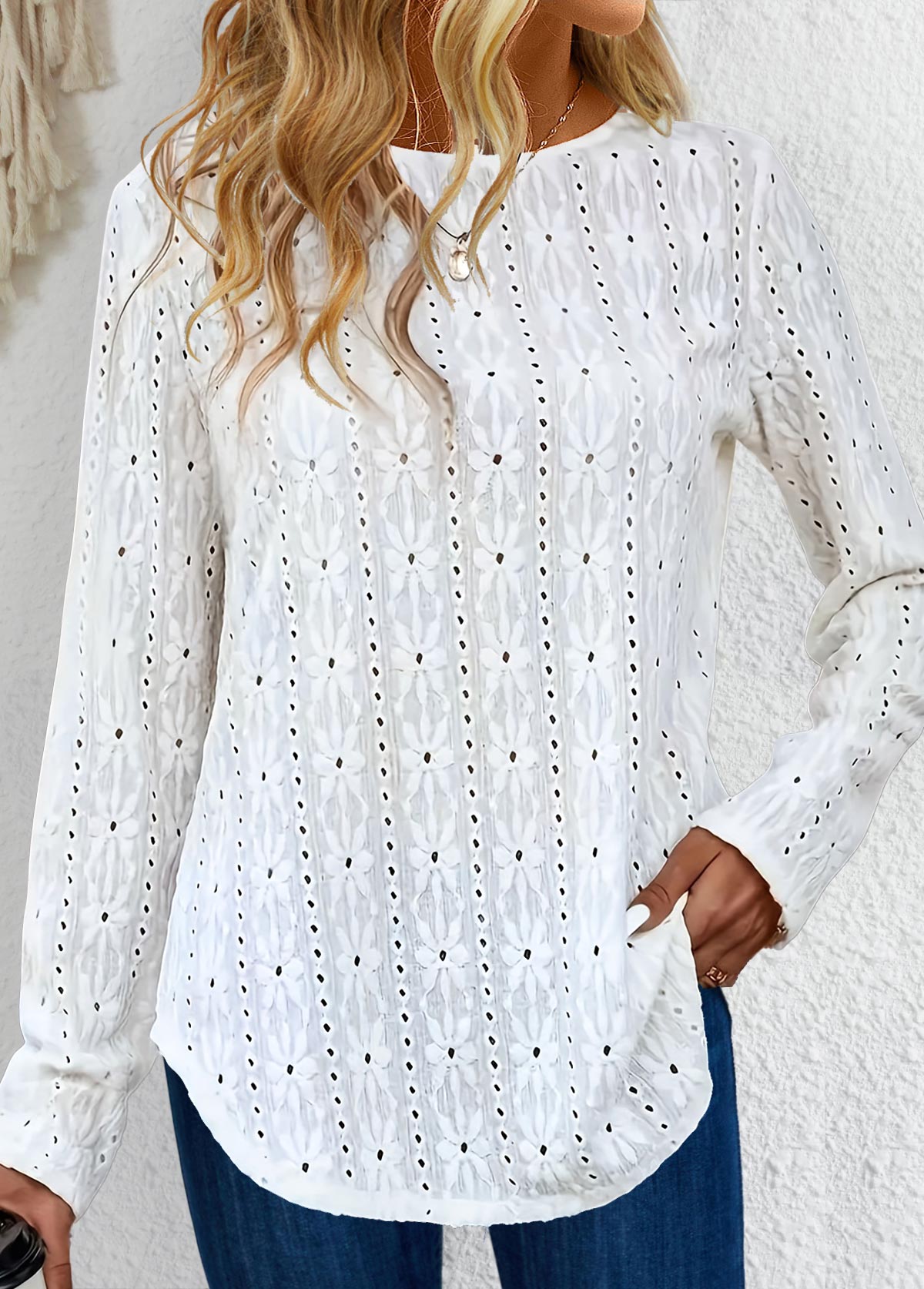 White Button Long Sleeve Round Neck T Shirt | picture 