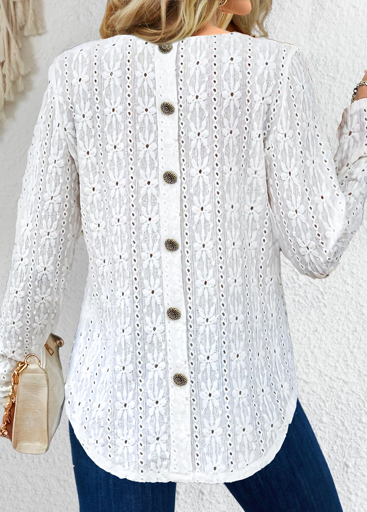 White Button Long Sleeve Round Neck T Shirt | picture 