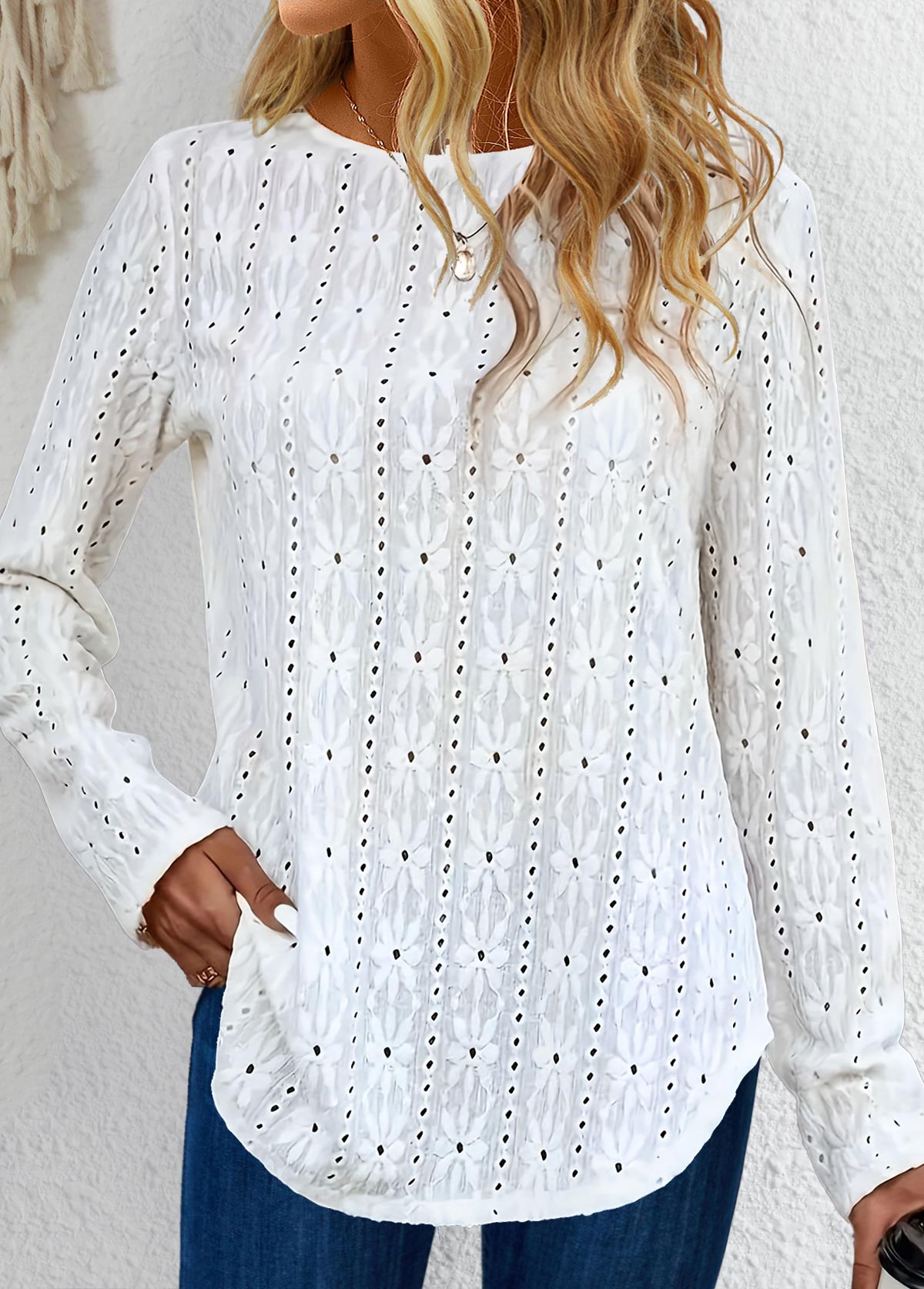 White Button Long Sleeve Round Neck T Shirt