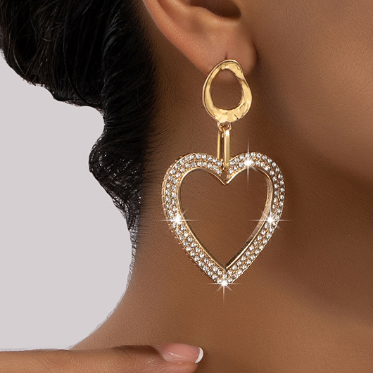 Rhinestone Detail Gold Heart Alloy Earrings
