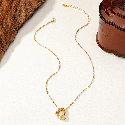 Gold Heart Rhinestone Detail Alloy Necklace