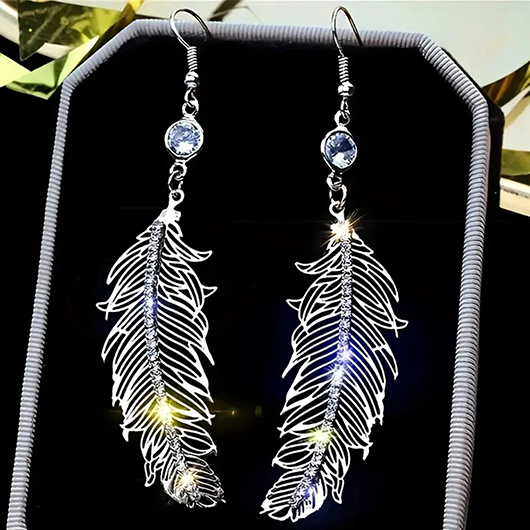 Silvery White Alloy Feathers Rhinestone Earrings