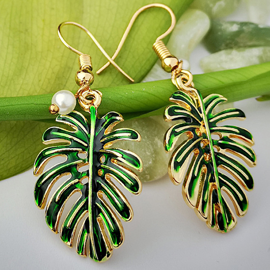 Green Leaf Metal Leaves Pearl Earrings