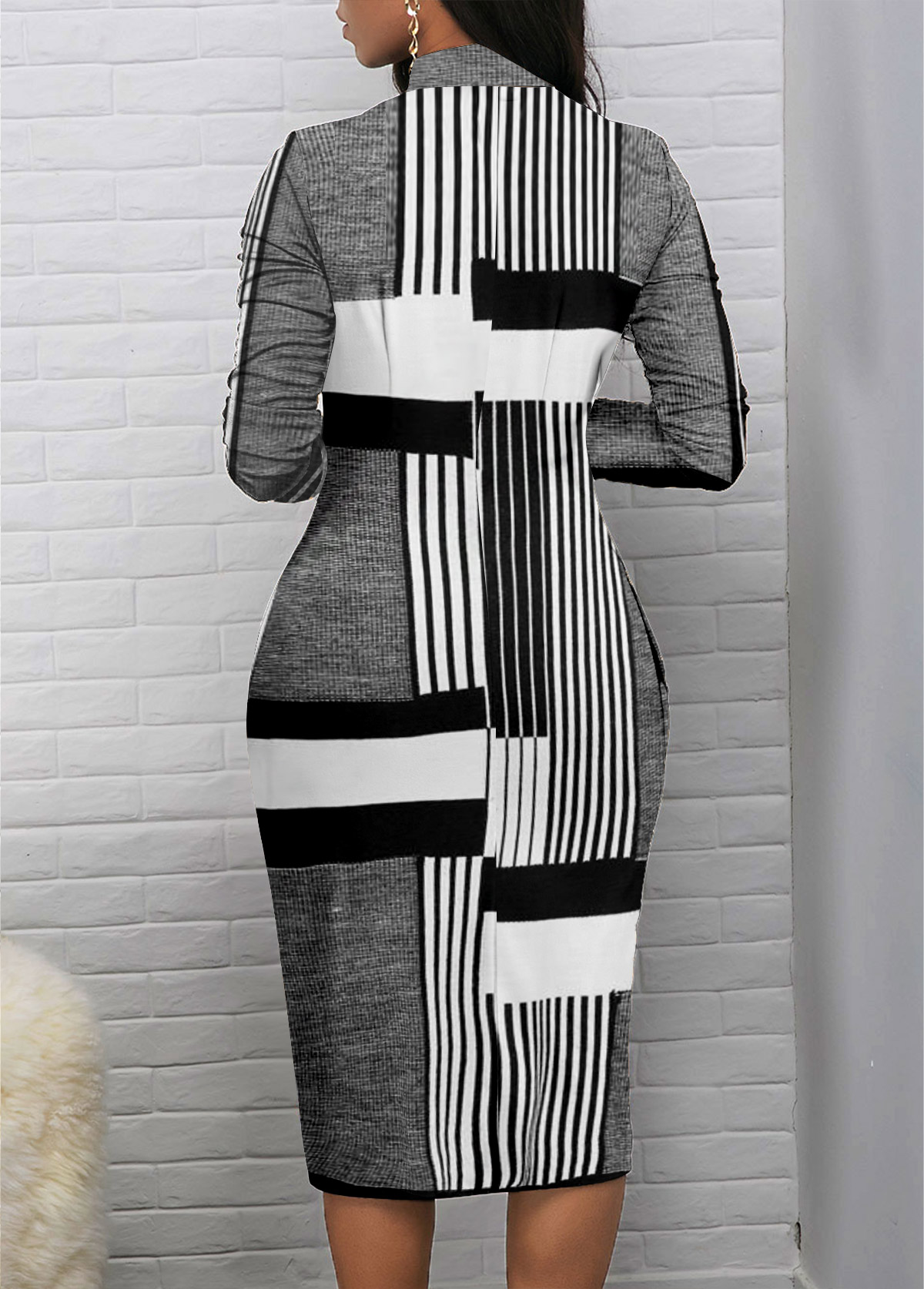 Light Grey Marl Patchwork Striped Stand Collar Dress