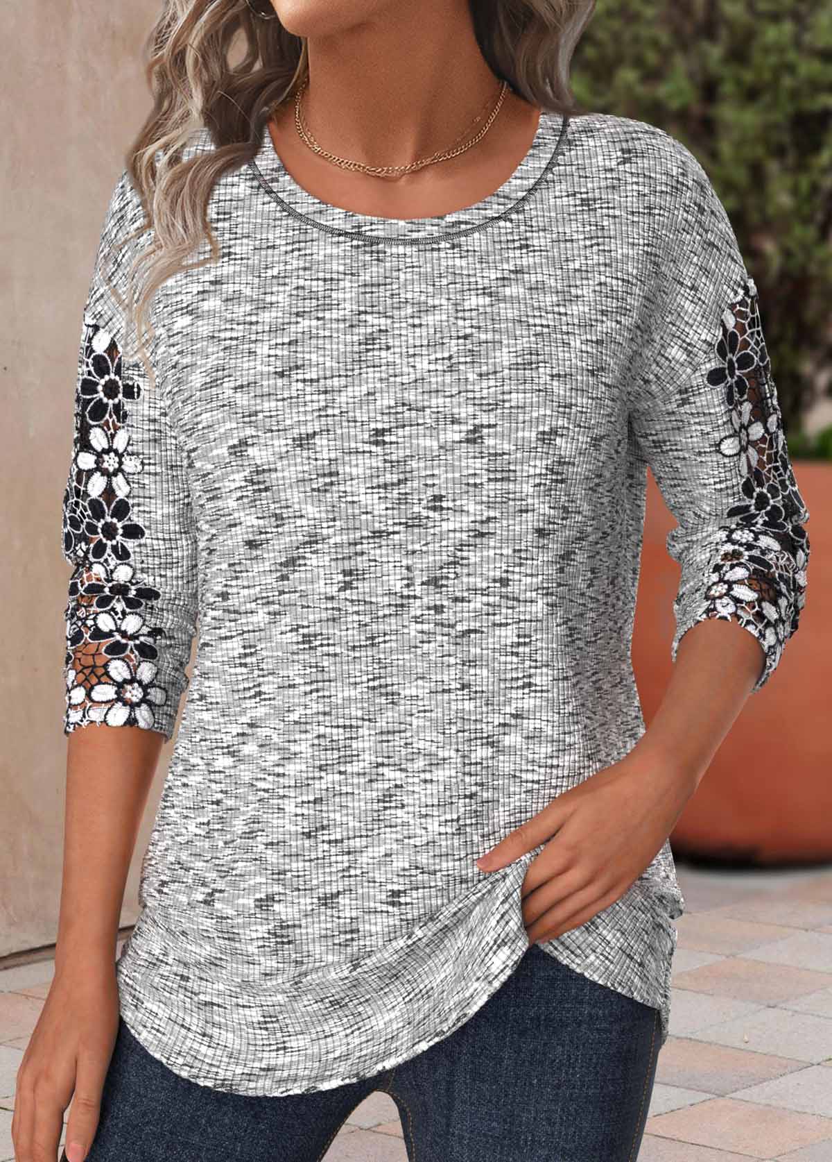 Light Grey Marl Patchwork Long Sleeve T Shirt | picture 