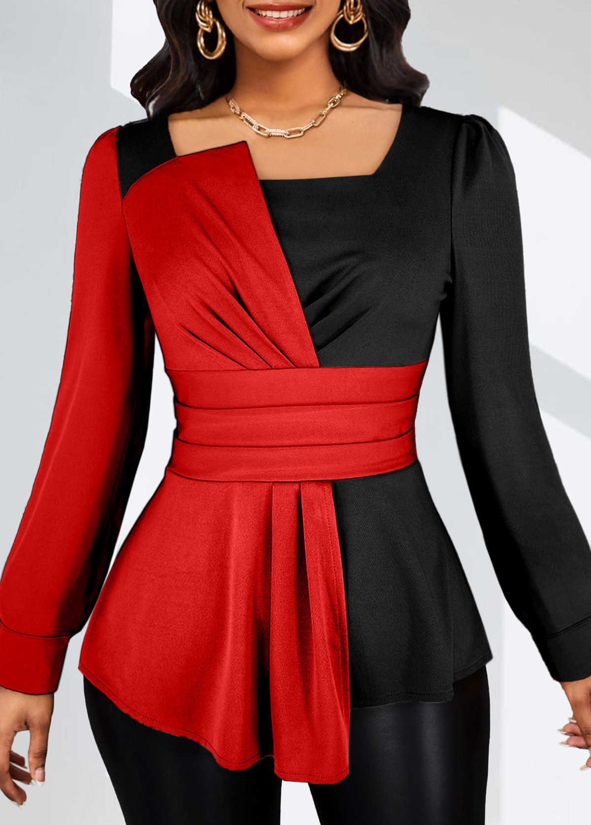 Red Asymmetry Long Sleeve Square Neck Blouse