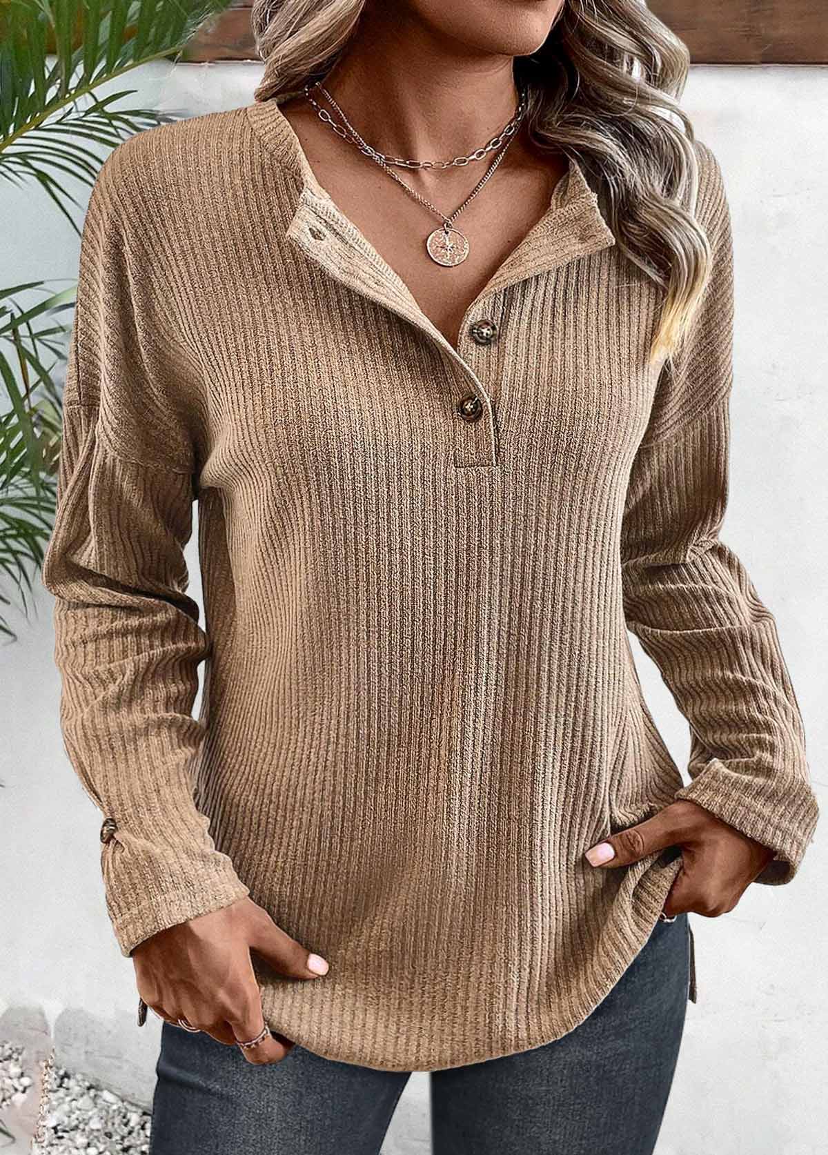 Light Coffee Button Long Sleeve Round Neck T Shirt