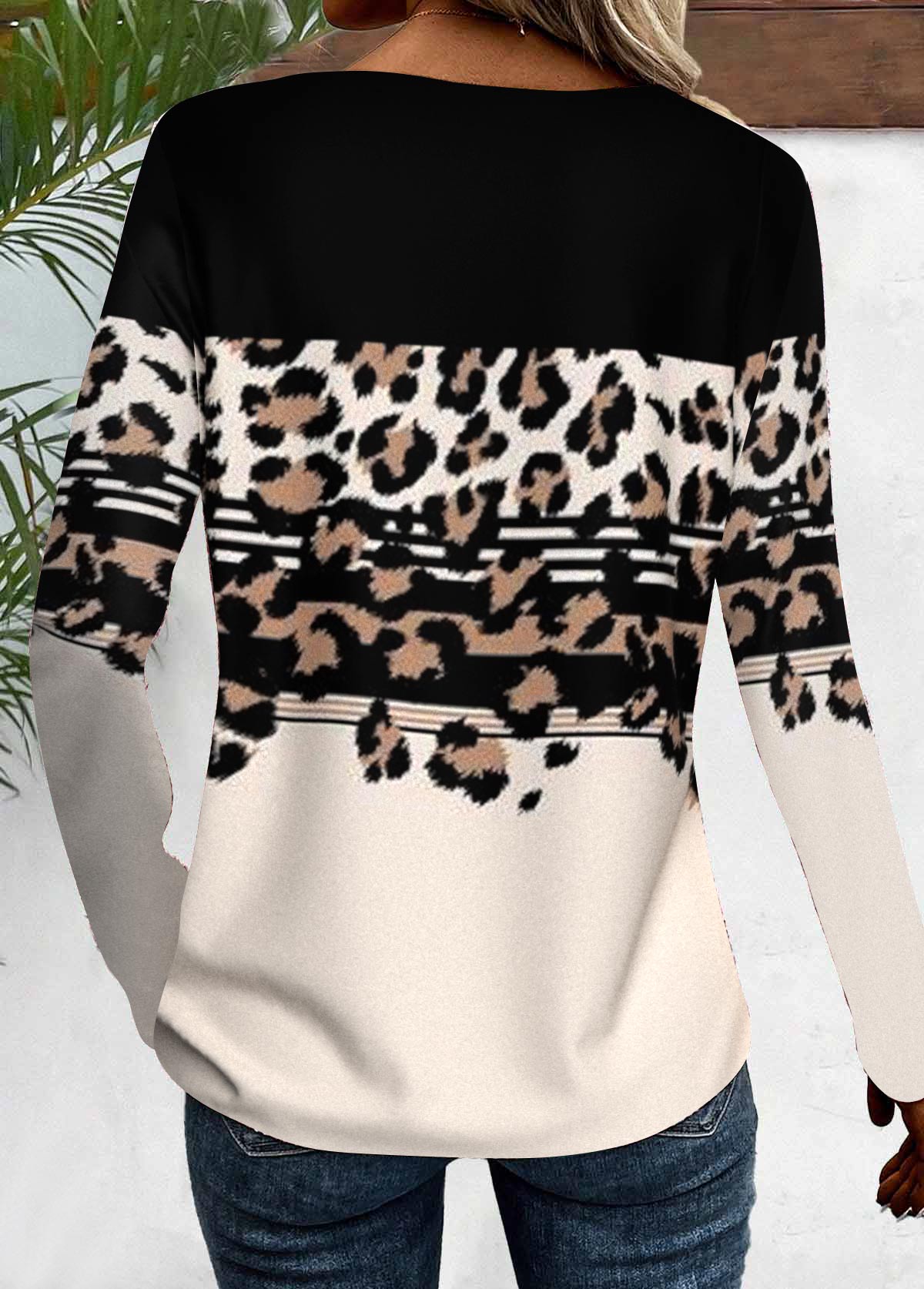 Black Patchwork Leopard Long Sleeve V Neck T Shirt