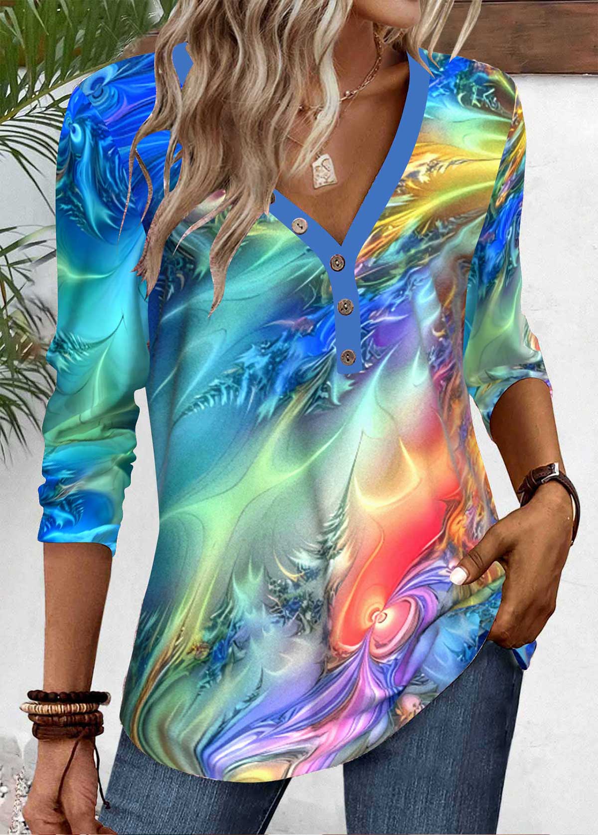Multi Color Button Dazzle Colorful Print T Shirt