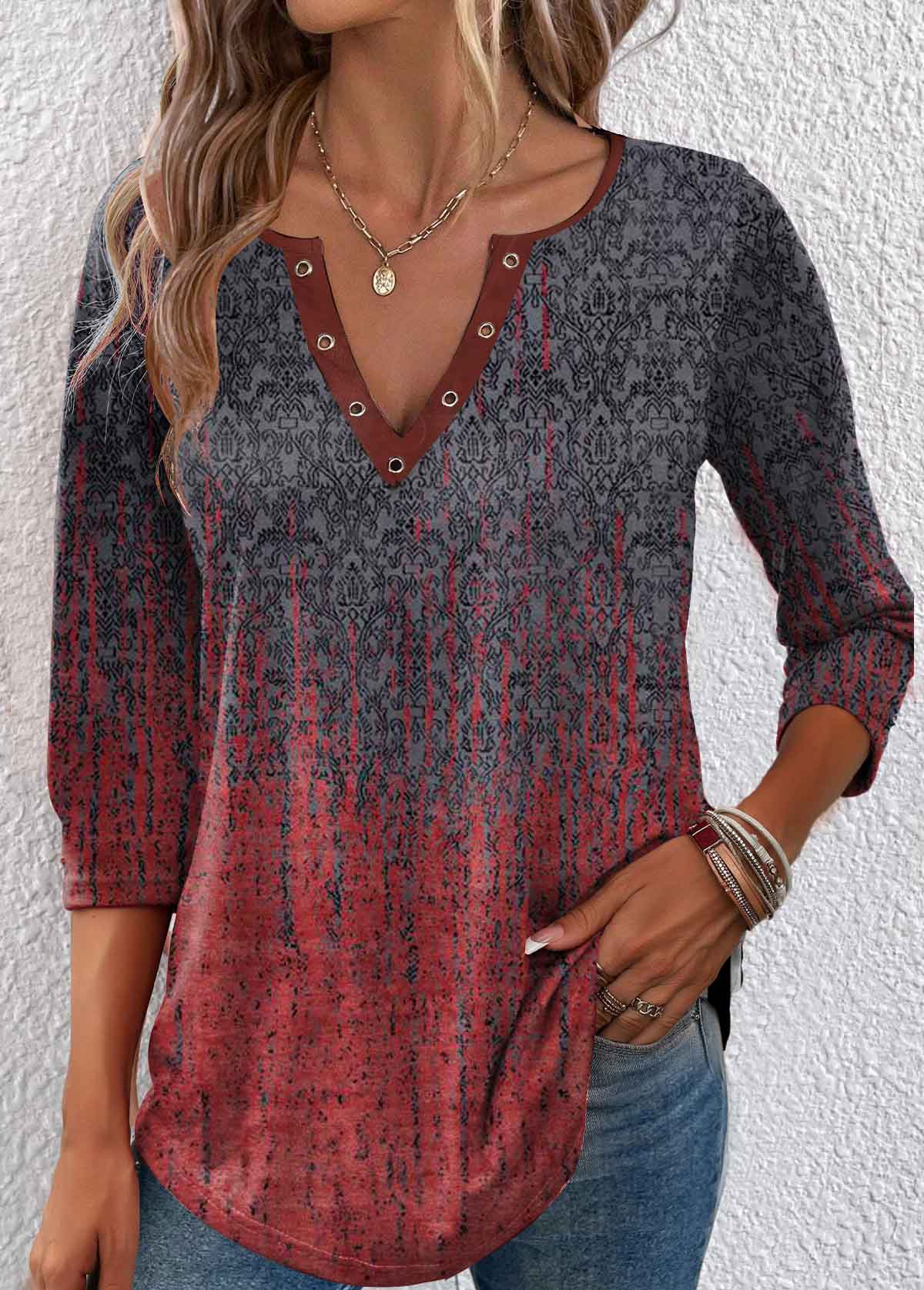 Wine Red Eyelet Ombre 3/4 Sleeve T Shirt