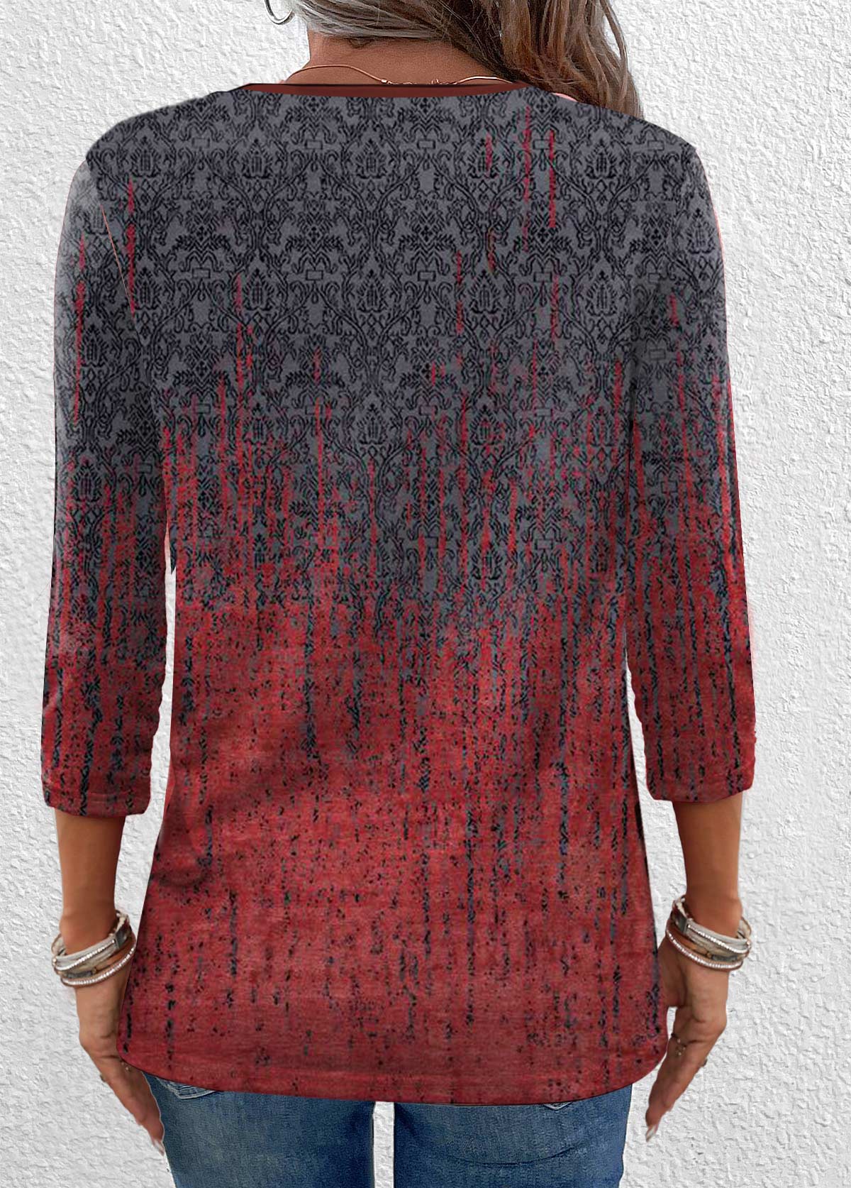 Wine Red Eyelet Ombre 3/4 Sleeve T Shirt