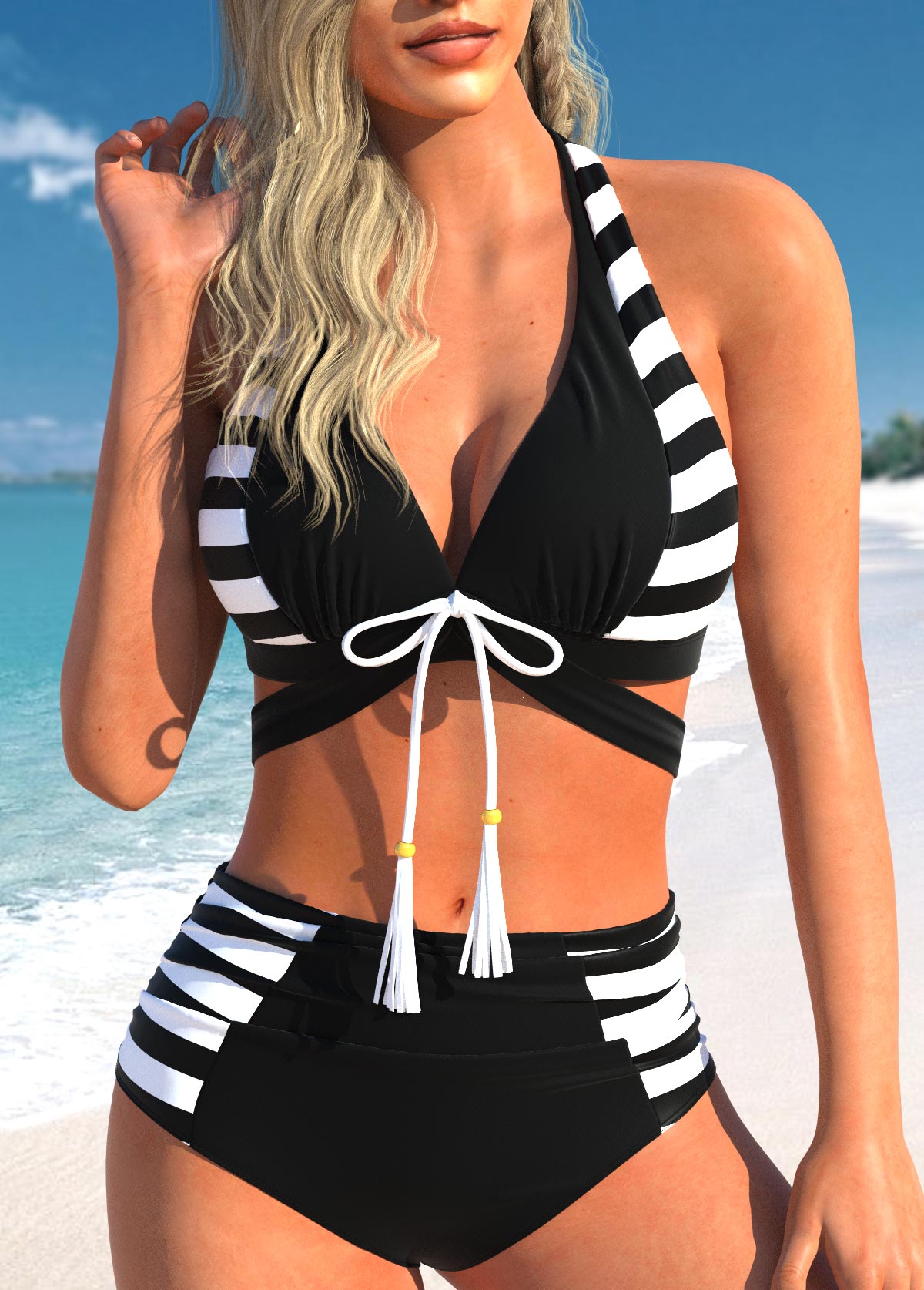 Bowknot Cutout Striped Black Bikini Set
