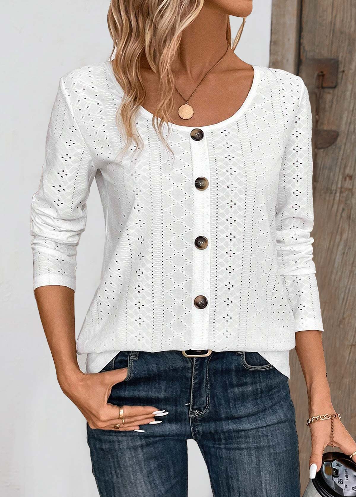 White Button Long Sleeve Round Neck T Shirt