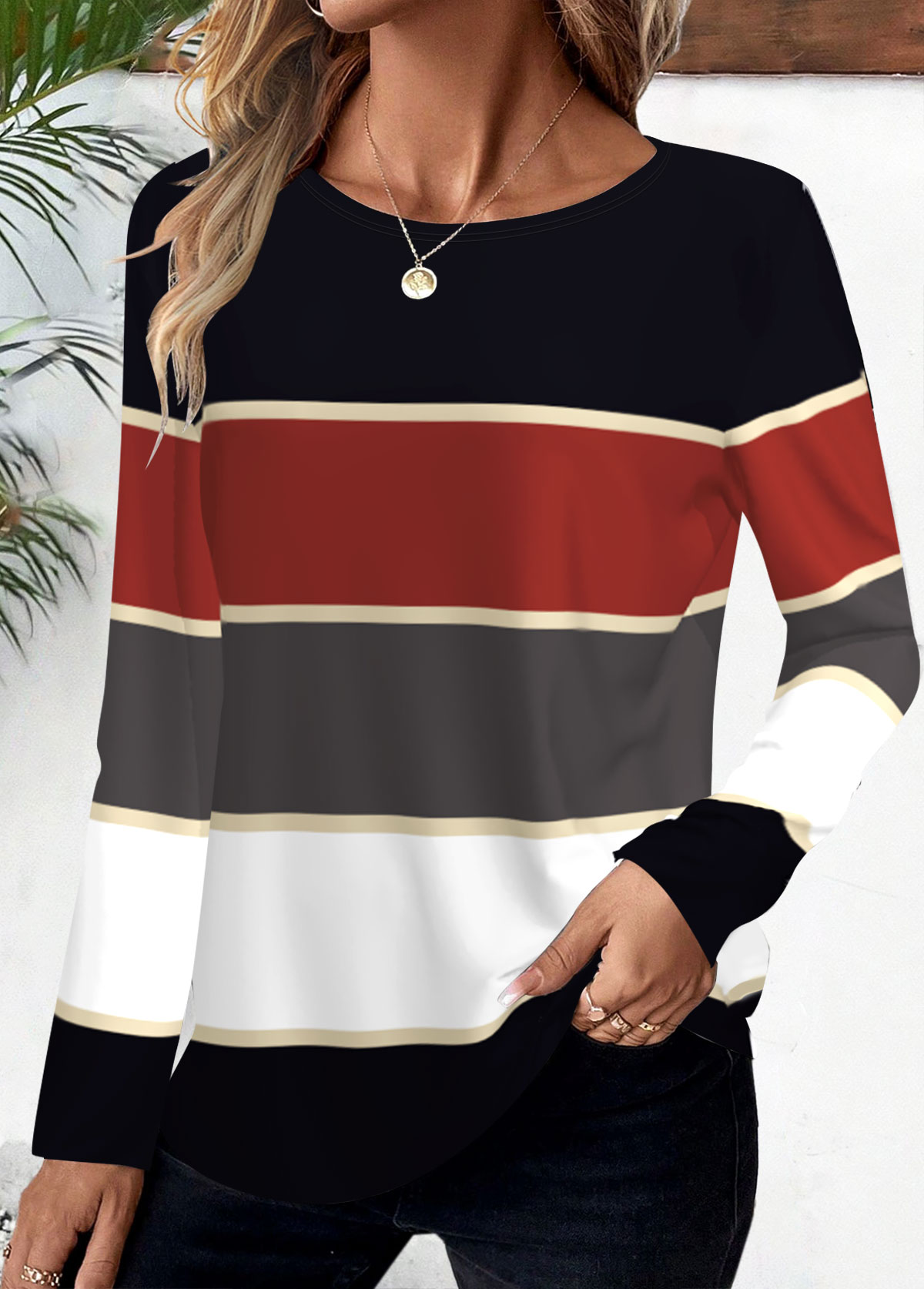 Deep Red Striped Long Sleeve Round Neck T Shirt