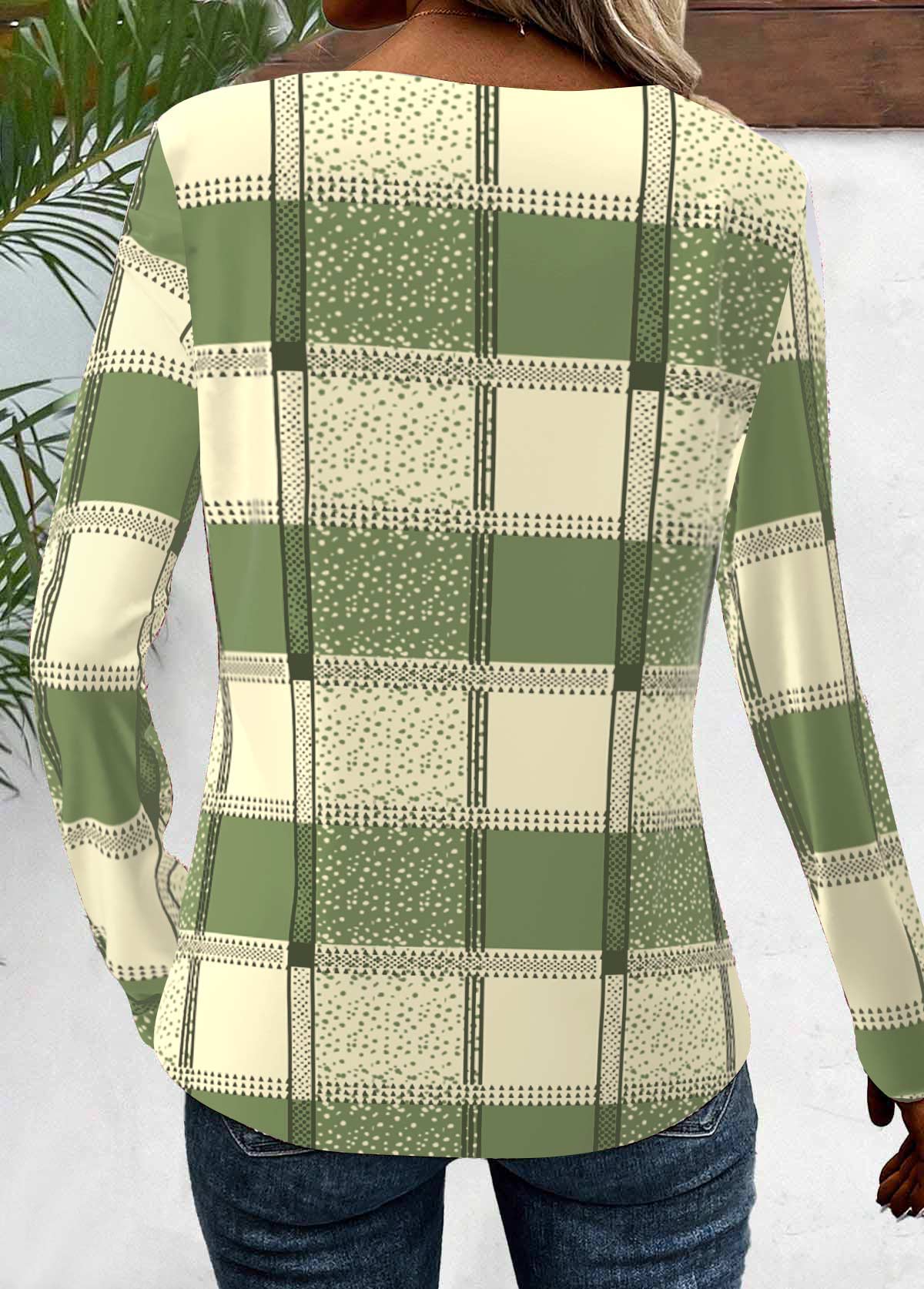 Sage Green Button Plaid Long Sleeve T Shirt