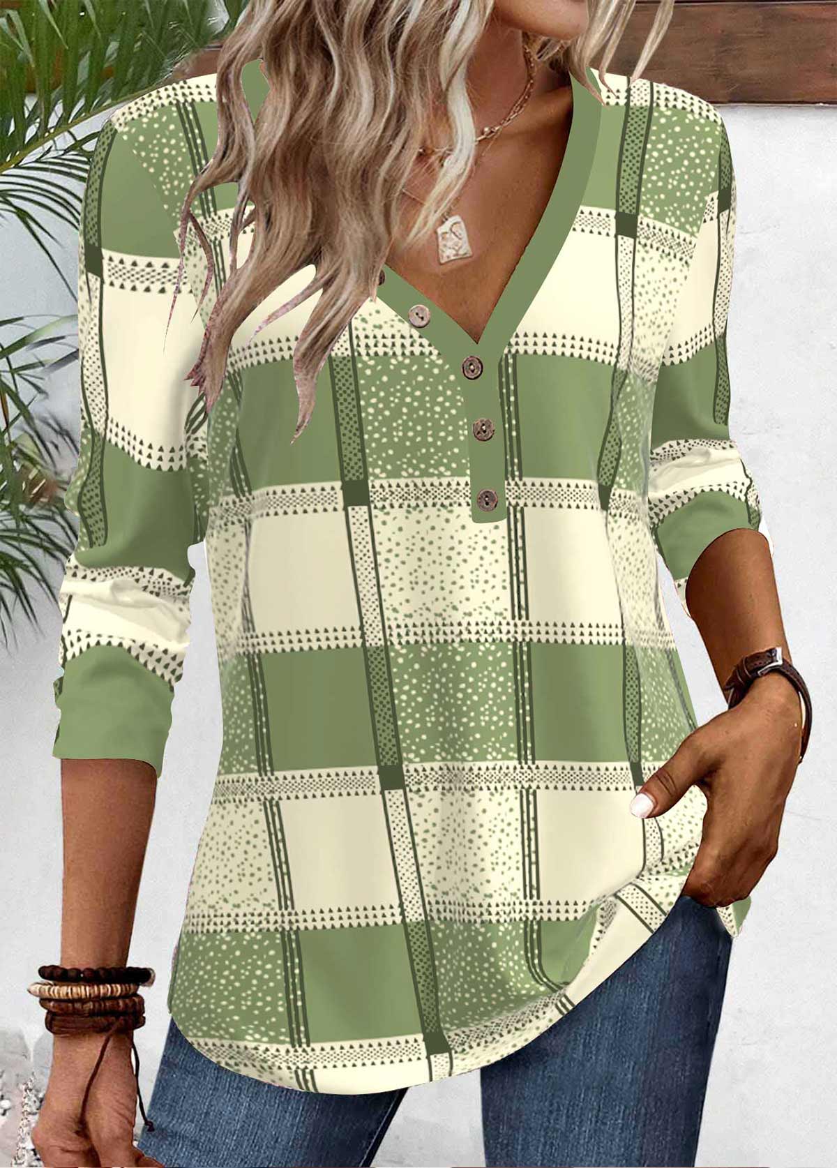 Sage Green Button Plaid Long Sleeve T Shirt