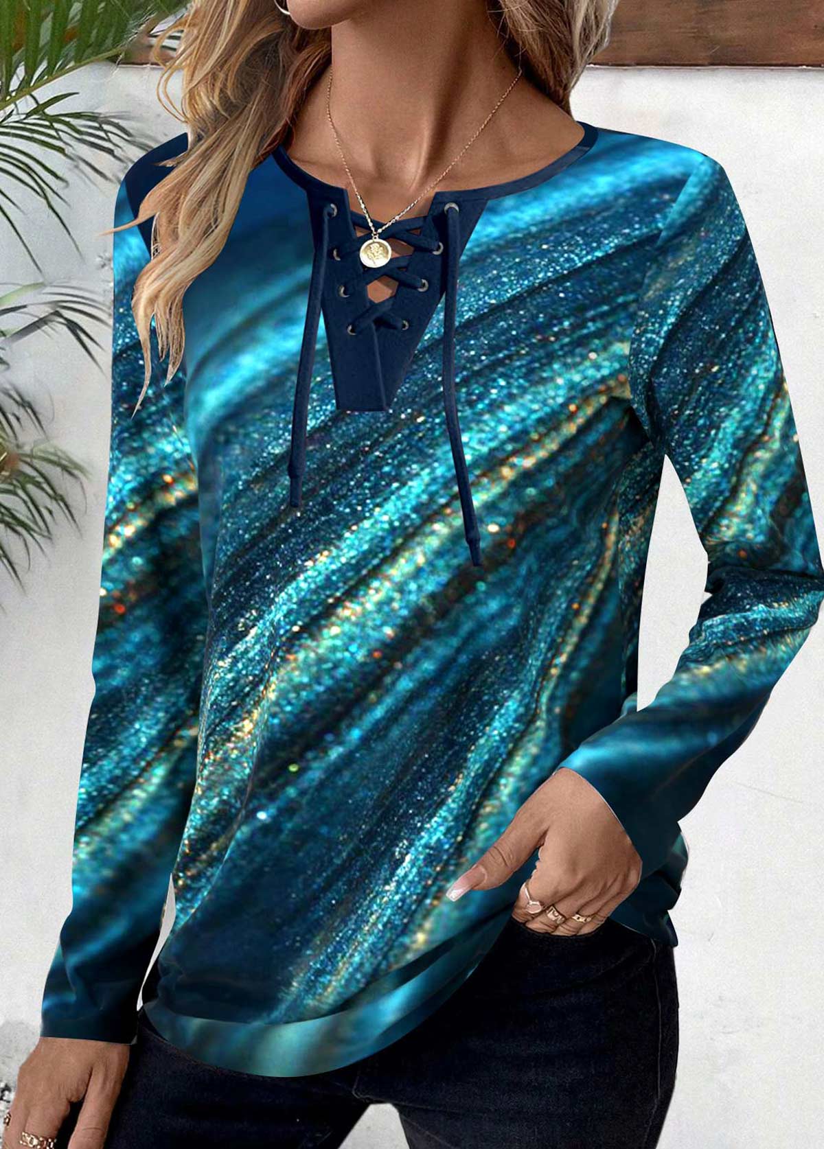 Peacock Blue Lace Up Ombre Long Sleeve T Shirt