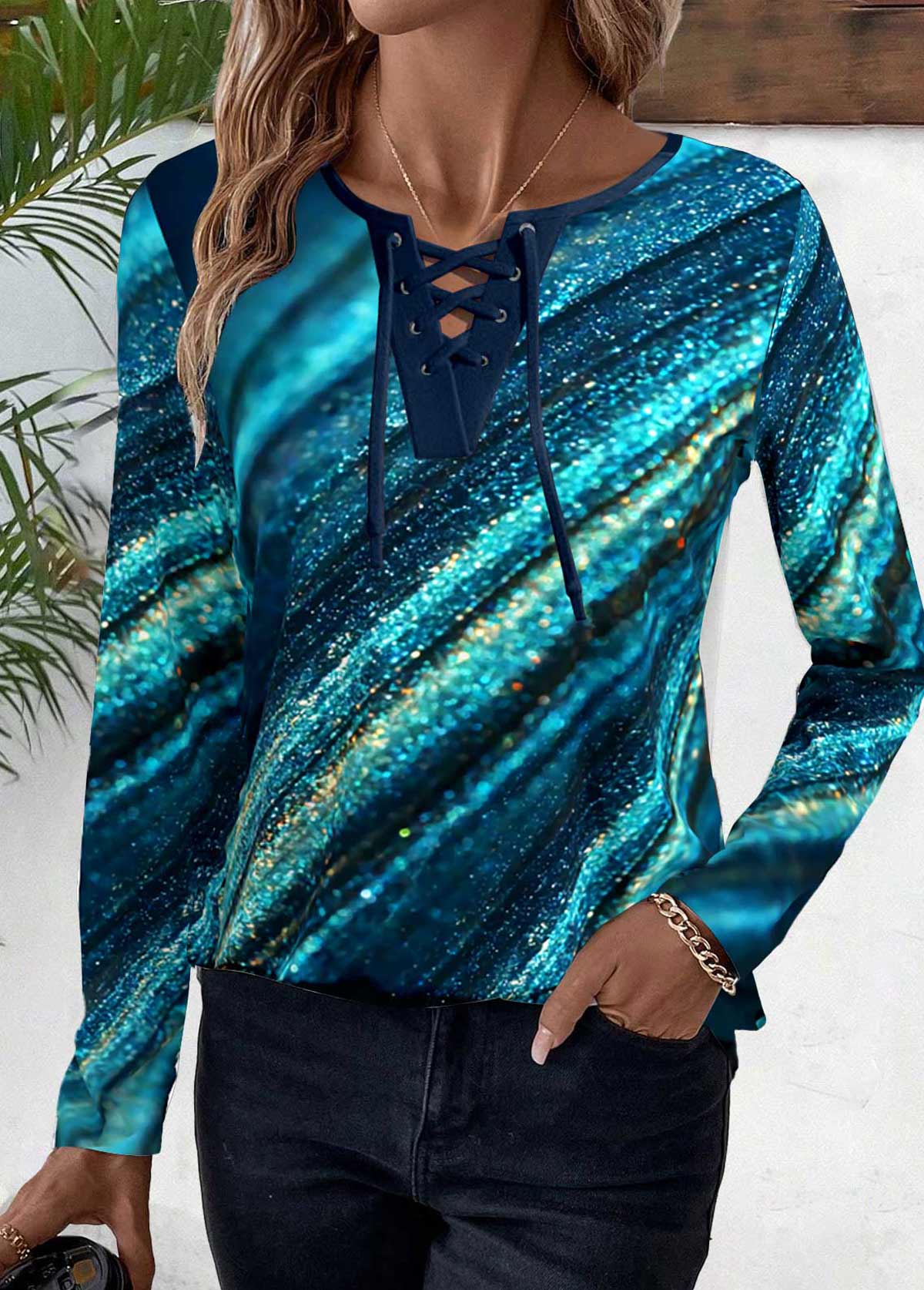 Peacock Blue Lace Up Ombre Long Sleeve T Shirt