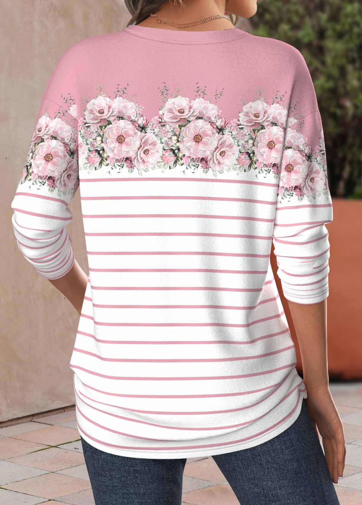 Pink Patchwork Floral Print Long Sleeve T Shirt