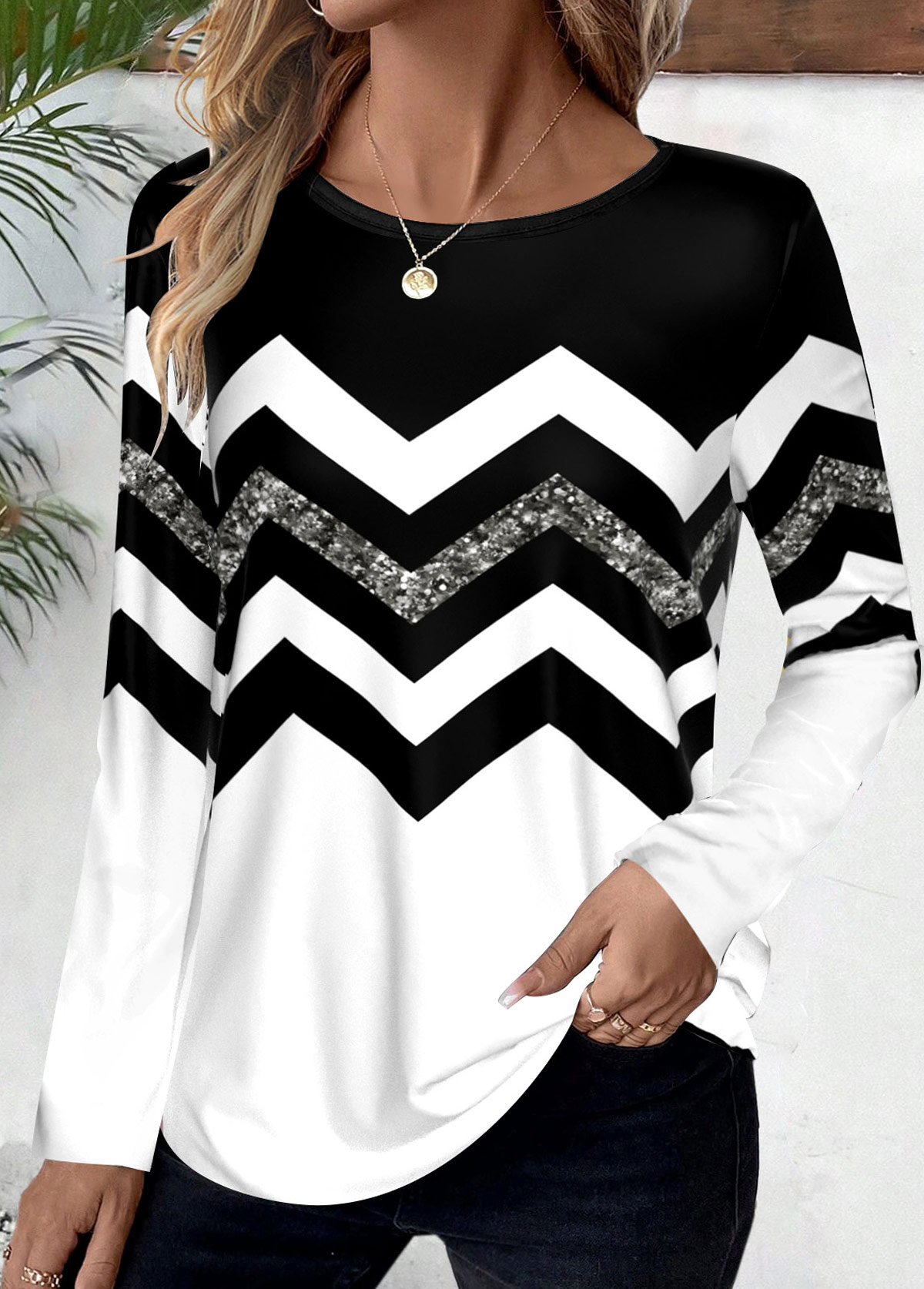 Black Patchwork Striped Long Sleeve Round Neck T Shirt | picture 