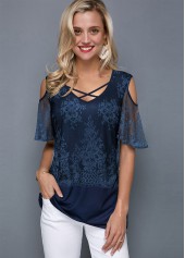 Criss Cross Short Sleeve V Neck T Shirt