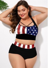 Plus Size American Flag Print Cross Strap Bikini Set