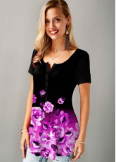 Floral Print Short Sleeve Split Neck T Shirt | thumb picture 