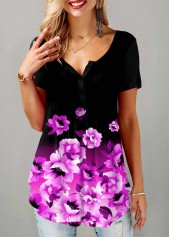 Floral Print Short Sleeve Split Neck T Shirt