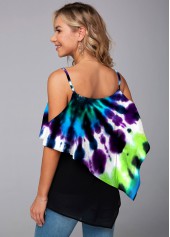 Tie Dye Print Asymmetric Hem Mesh Stitching T Shirt
