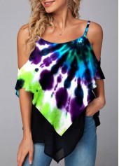 Tie Dye Print Asymmetric Hem Mesh Stitching T Shirt