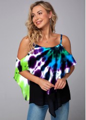 Tie Dye Print Asymmetric Hem Mesh Stitching T Shirt