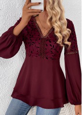 Wine Red Patchwork Leaf Print Long Sleeve Blouse | thumb picture 