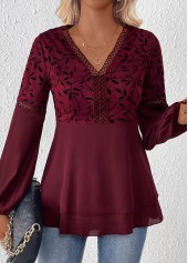 Wine Red Patchwork Leaf Print Long Sleeve Blouse | thumb picture 
