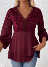 Wine Red Patchwork Leaf Print Long Sleeve Blouse | thumb picture 