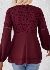 Wine Red Patchwork Leaf Print Long Sleeve Blouse | thumb picture 