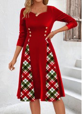 Red Patchwork Plaid Long Sleeve Heart Collar Dress | thumb picture 