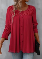 Red Patchwork Long Sleeve Round Neck Blouse | thumb picture 
