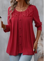 Red Patchwork Long Sleeve Round Neck Blouse | thumb picture 