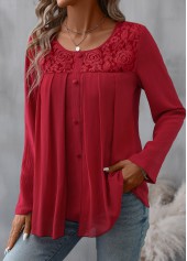 Red Patchwork Long Sleeve Round Neck Blouse | thumb picture 