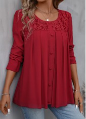 Red Patchwork Long Sleeve Round Neck Blouse