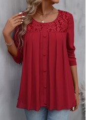 Red Patchwork Long Sleeve Round Neck Blouse | thumb picture 