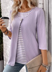 Light Purple Striped 3/4 Sleeve Fake Two Piece Twinset | thumb picture 